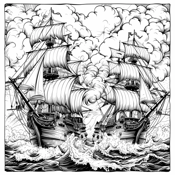 Two ancient warships sailing in rough sea waves, realistic illustration style — free printable sailing coloring book page