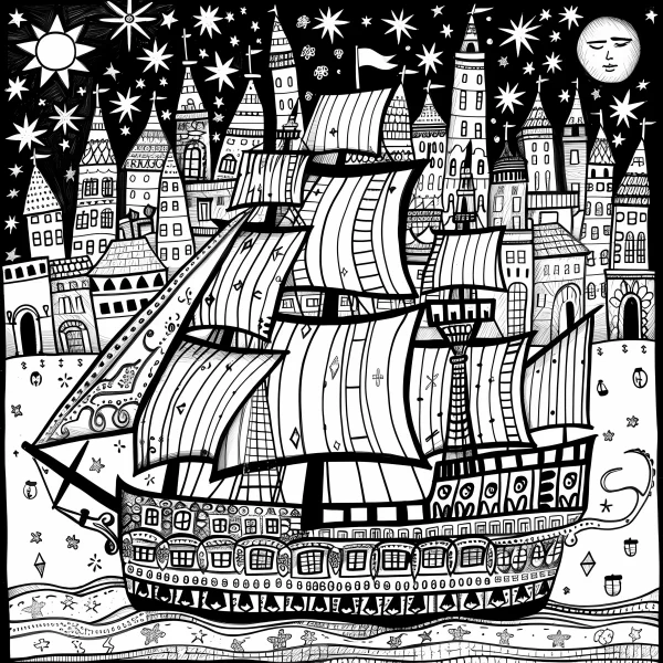 Fairy tale sailing ship with castle city background, cartoon fairy tale style — free printable sailing coloring book page