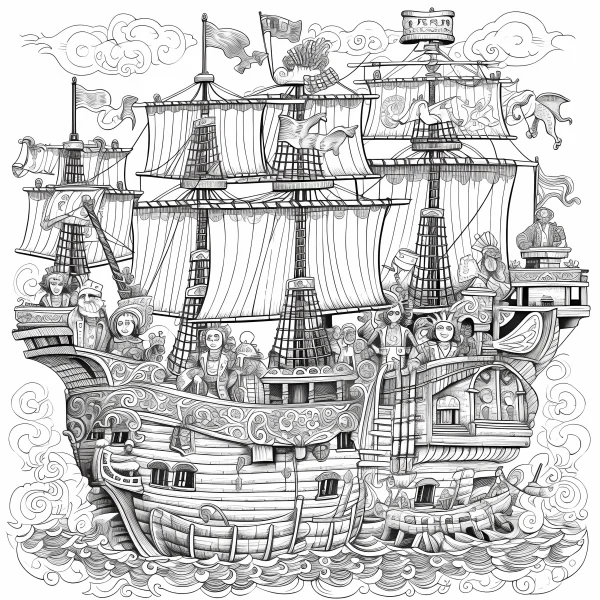 Vintage fantasy sailing ship with various characters, retro fantasy illustration style — free printable sailing coloring book page