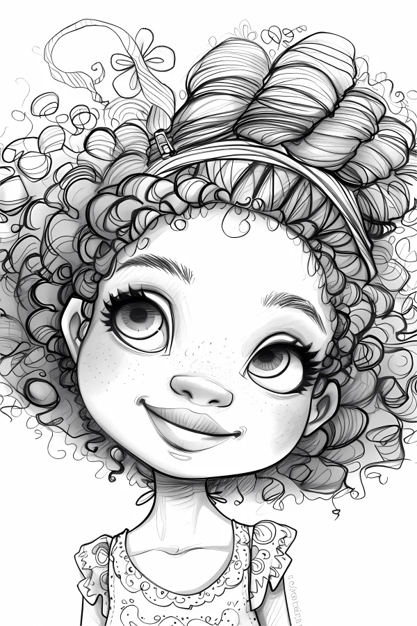 Curly-haired cartoon girl with big eyes and freckles, cartoon style — free printable cartoon characters coloring book page