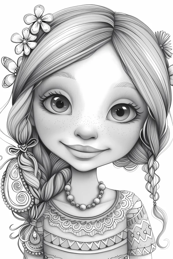 Cartoon bohemian style girl with braided hair, flowers and butterfly in hair — free printable bohemian coloring book page