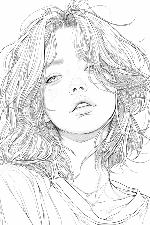 Portrait of a short-haired girl with wavy hair, realistic line art style — free printable portrait coloring book page