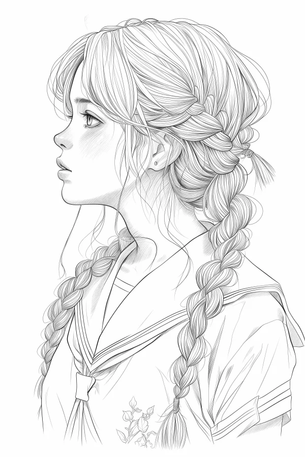 Realistic line art of a braided school girl in profile wearing sailor uniform, with small floral pattern on clothes — free printable learning coloring book page