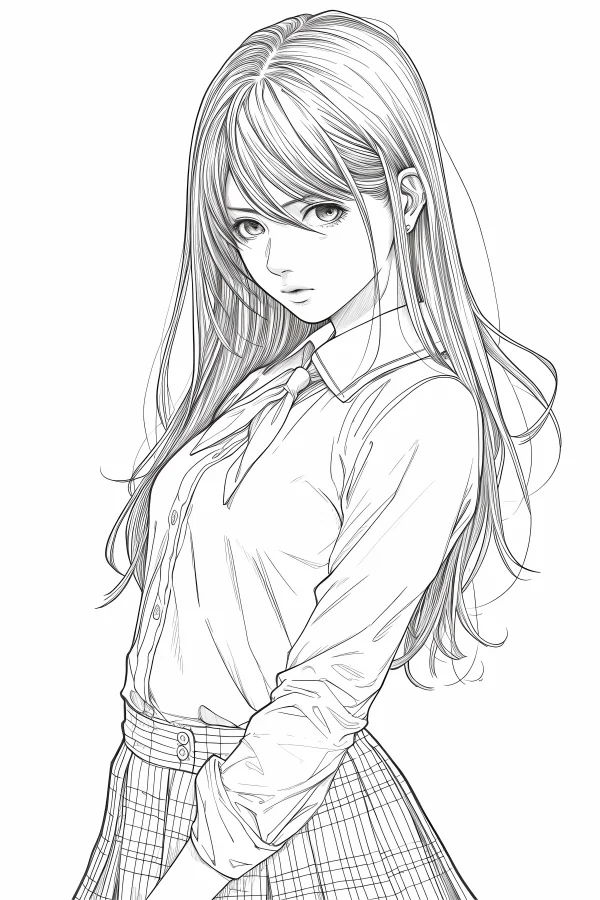 Japanese school uniform girl with long hair, anime style — free printable learning coloring book page
