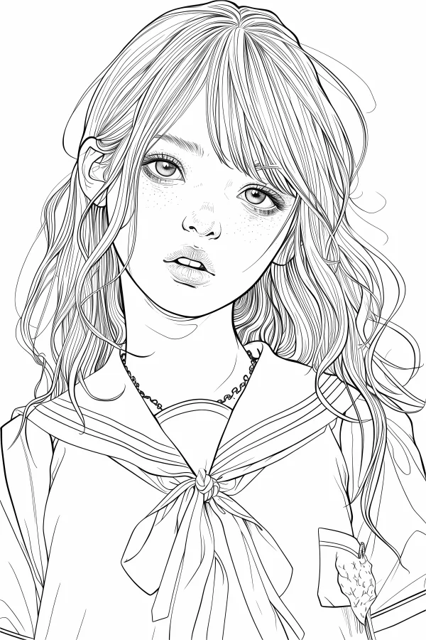 Long-haired freckled girl in sailor uniform, japanese realistic illustration style — free printable campus coloring book page