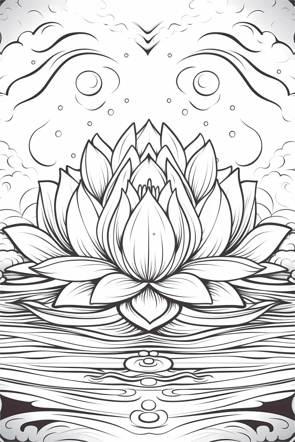 Blooming lotus flower, chinese style — free printable zen coloring book page