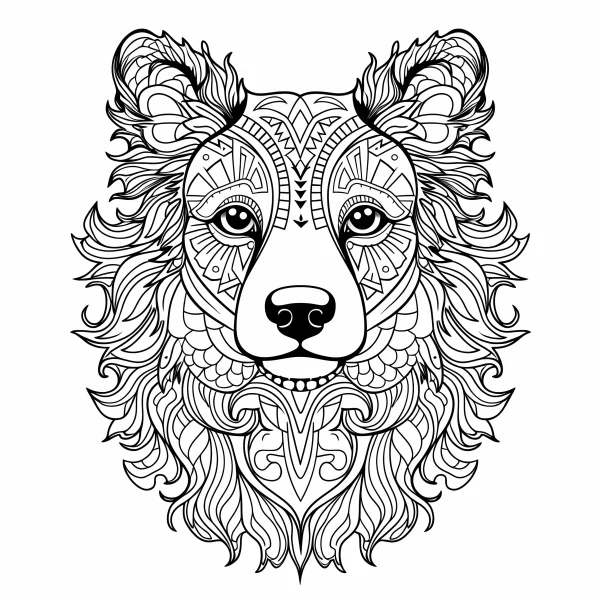 Mandala-style bear head, tribal totem art style — free printable totem coloring book page