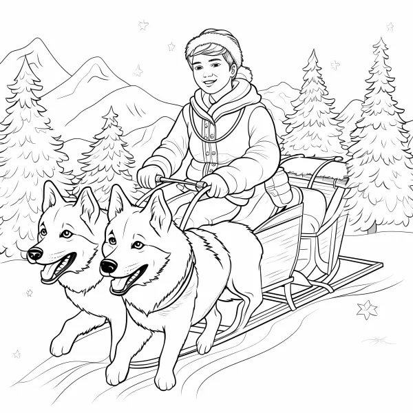 Two sled dogs pulling a sled with a person in winter outfit, snowy landscape with pine trees and mountains — free printable mammals coloring book page