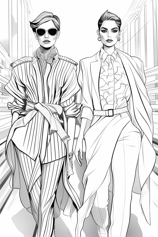 Two stylish urban women walking on city street, fashion illustration style — free printable urban life coloring book page
