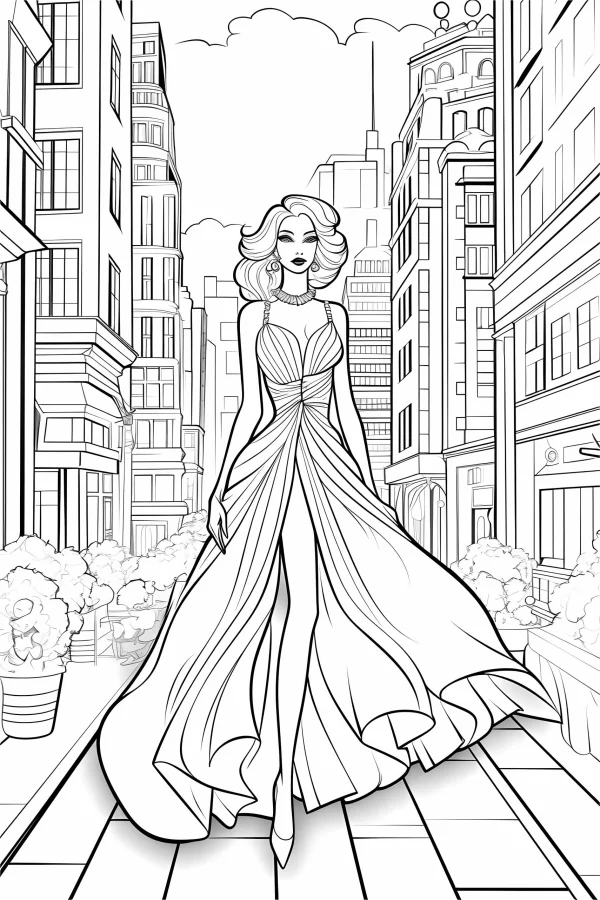 Elegant woman in strapless evening gown walking on city street, fashion illustration style — free printable urban life coloring book page