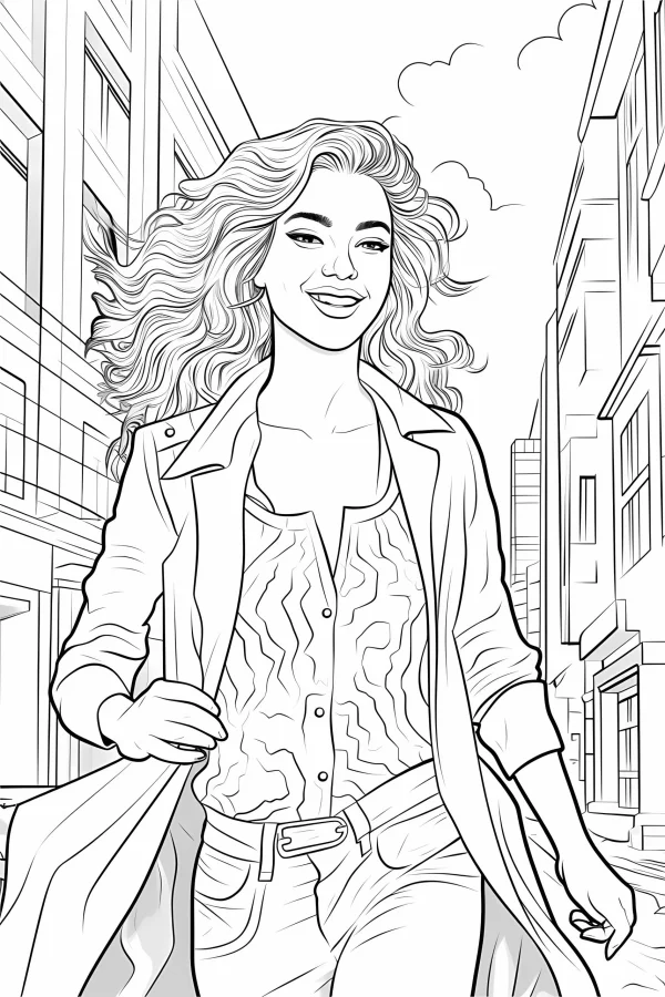 Stylish curly-haired girl walking in urban street, realistic illustration style — free printable urban life coloring book page