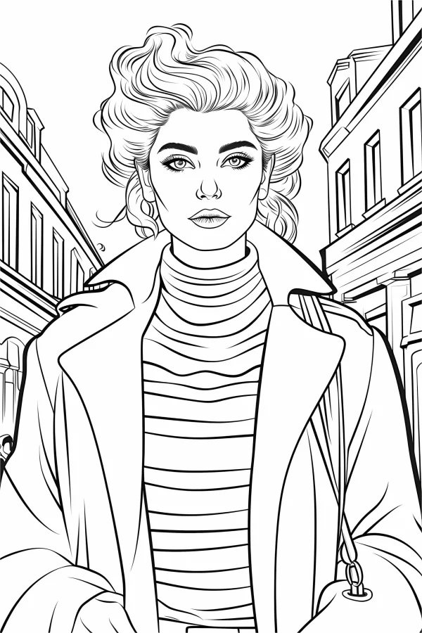Stylish urban woman with curly hair, wearing trench coat and striped turtleneck — free printable urban life coloring book page