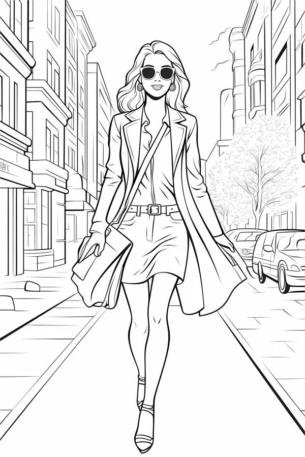Fashionable woman walking on urban street, realistic style — free printable urban life coloring book page