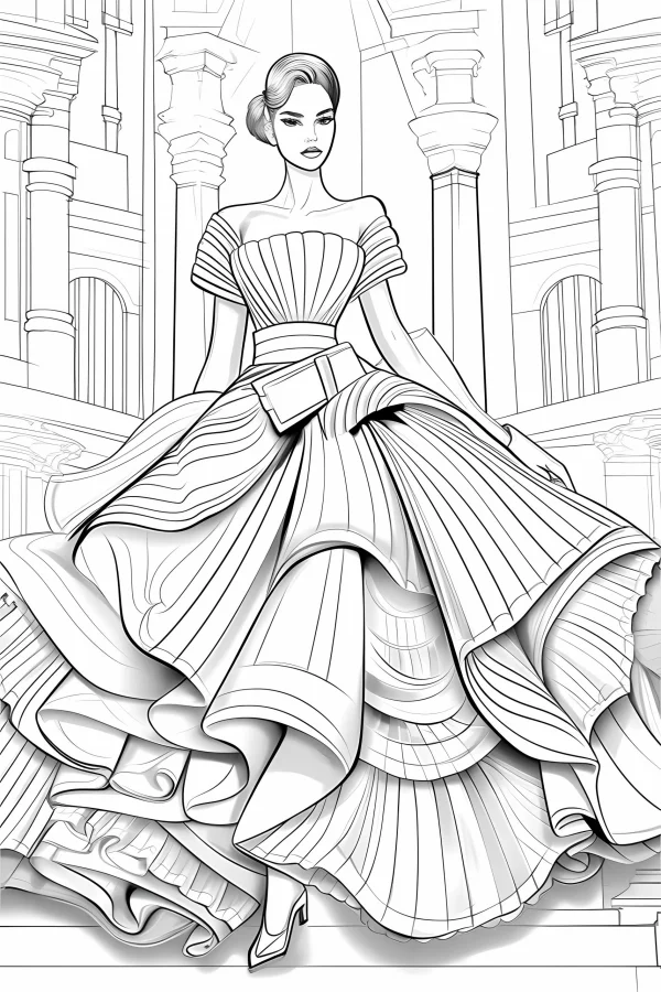 Elegant woman in grand ruffled court ball gown, court style — free printable court coloring book page