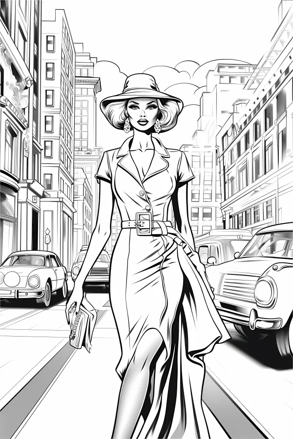 Stylish urban woman wearing wide-brimmed hat and tailored dress, walking on city street with vintage cars and tall buildings — free printable urban life coloring book page