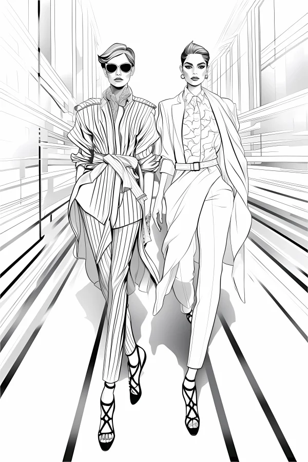 Two fashionable urban women walking on city street, fashion illustration style — free printable urban life coloring book page
