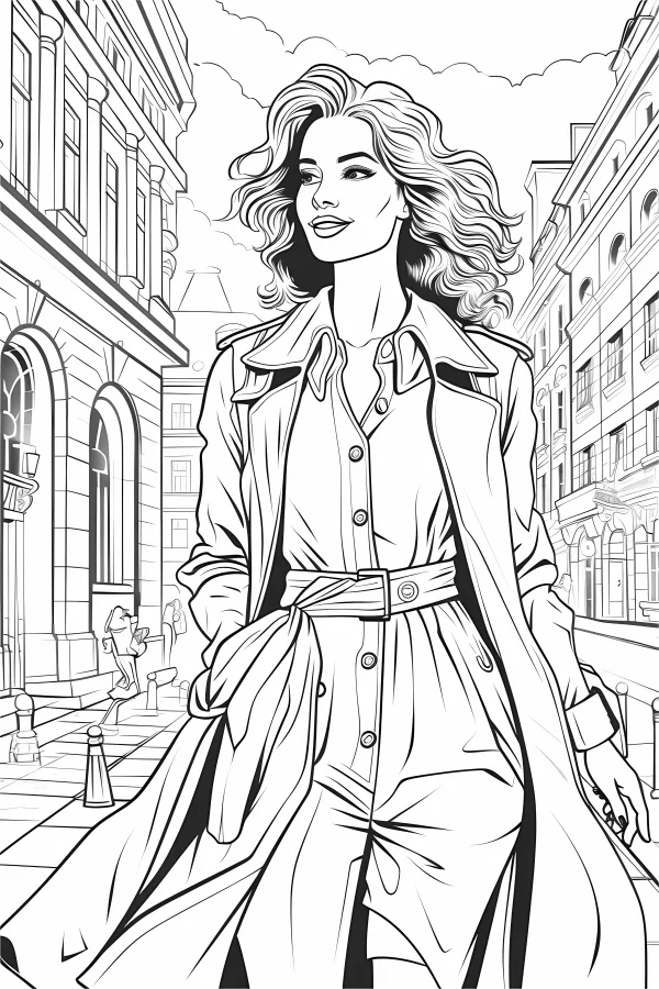 Stylish woman wearing trench coat, european urban street scene with classic buildings — free printable urban life coloring book page