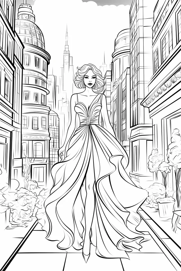 Elegant woman in flowing gown, urban street scene with tall city buildings and dome structures — free printable urban life coloring book page