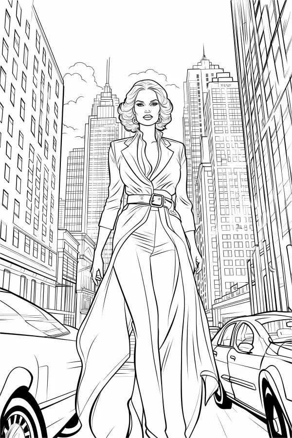 Stylish urban woman in long tailored coat, realistic illustration style — free printable urban life coloring book page