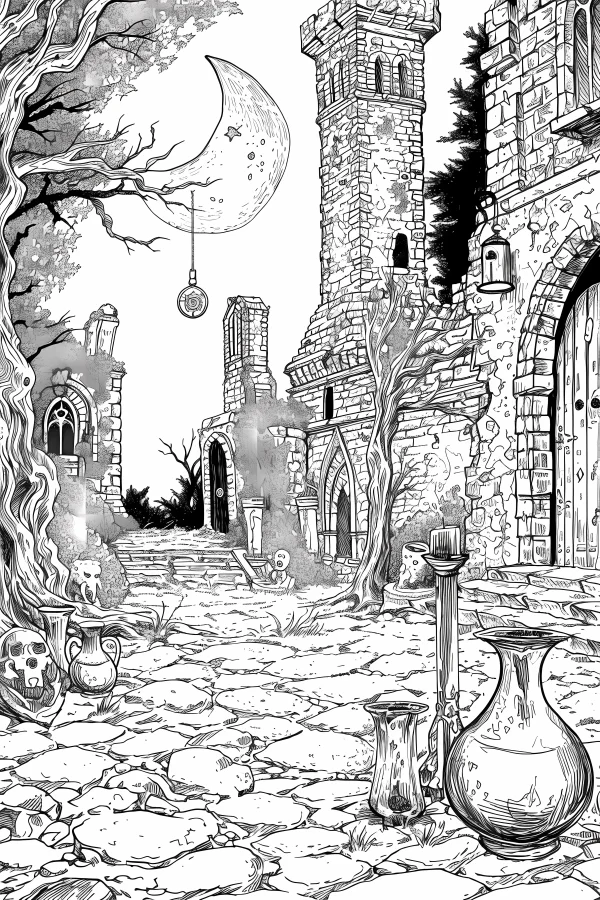 Dark abandoned castle courtyard, gothic horror fantasy style — free printable medieval coloring book page