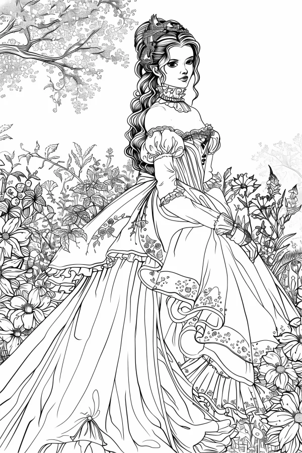 Victorian-style noblewoman with elaborate hairstyle, vintage elegant style — free printable victorian coloring book page