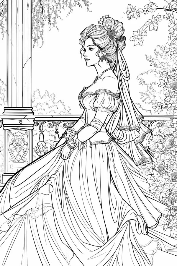 Vintage court princess in a flowing off-shoulder gown, european retro court style — free printable court coloring book page
