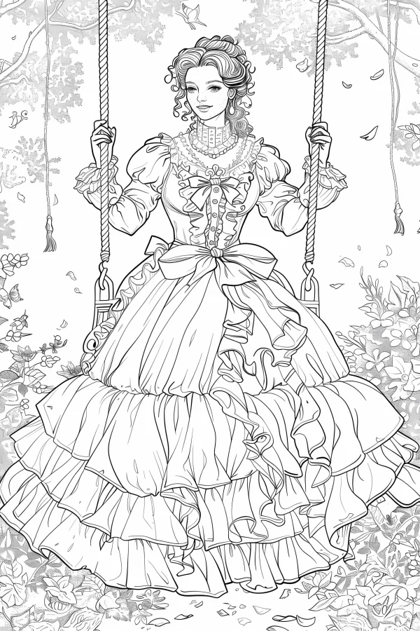 Victorian-style girl sitting on a swing, vintage and victorian style — free printable spring coloring book page