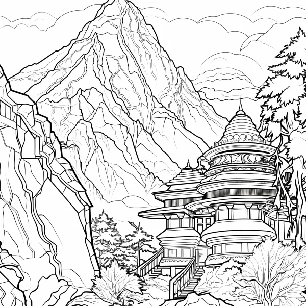 Ancient mountain temple, realistic line art style — free printable ancient architecture coloring book page