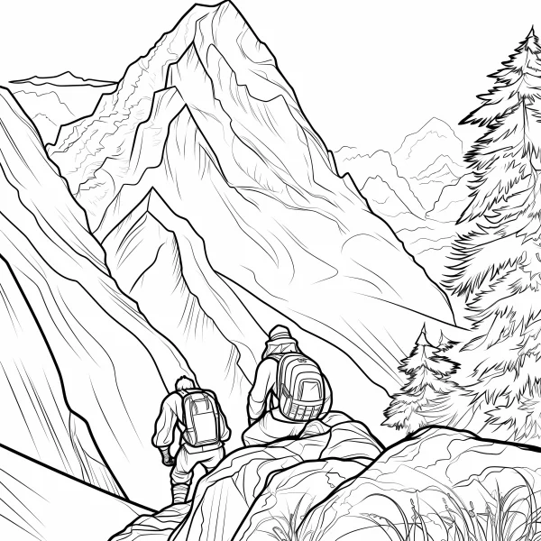 Two hikers with backpacks on mountain rocks, realistic sketch style — free printable mountains and rivers coloring book page