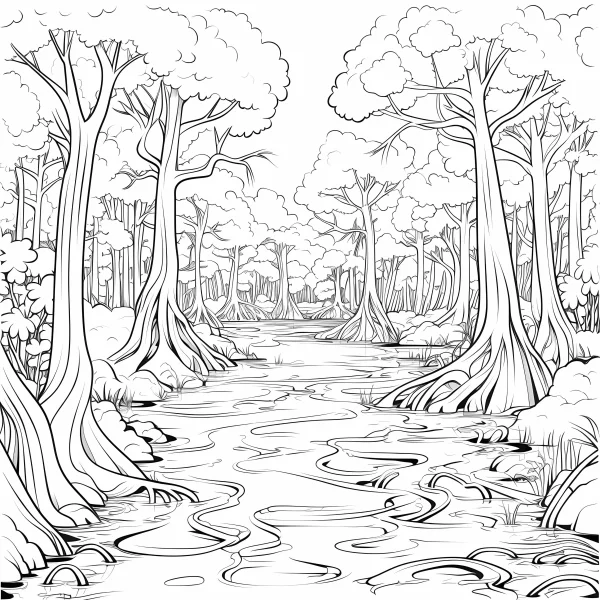 Wetland forest with a winding stream, realistic line art style — free printable wetland coloring book page