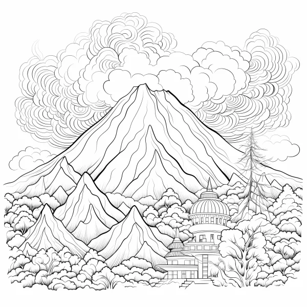 Snow-capped mountain with forest and european-style building, sketch style — free printable scene theme coloring book page