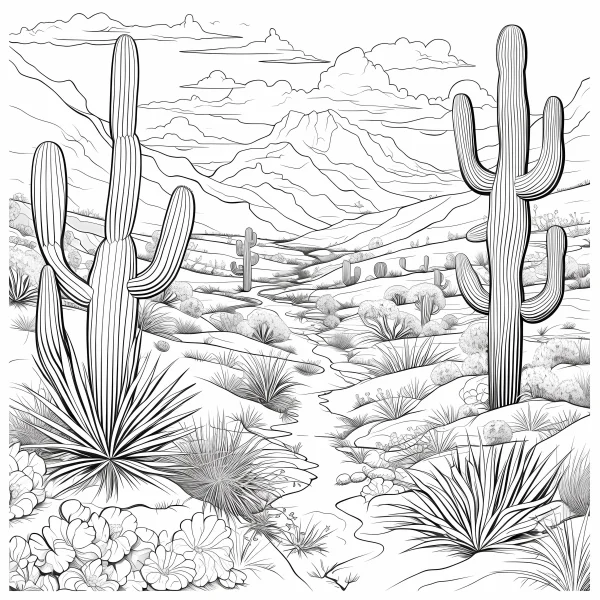 Desert landscape with saguaro cacti and various desert plants, realistic sketch style — free printable desert coloring book page
