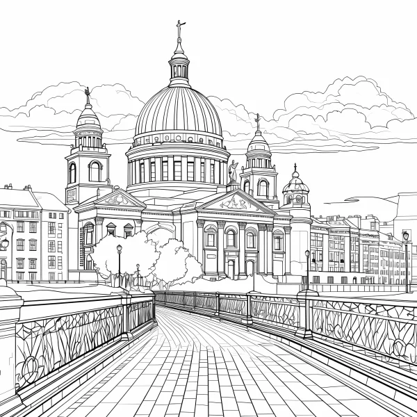 Classical domed building with urban bridge, realistic sketch style — free printable urban architecture coloring book page