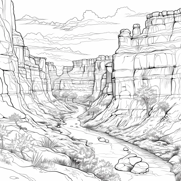 Canyon stream landscape, realistic style — free printable canyon coloring book page