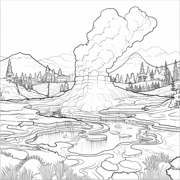 Geothermal geyser with hot springs landscape, realistic line art style — free printable mountains and rivers coloring book page