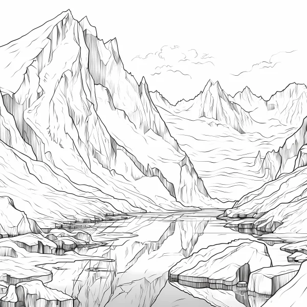Mountain and lake landscape, realistic sketch style — free printable mountains and rivers coloring book page