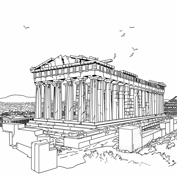 Parthenon temple (classical greek architecture), realistic  medium complexity outlines — free printable history coloring book page