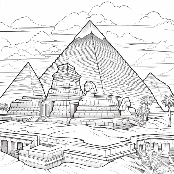 Egyptian pyramids and sphinx ancient architecture complex, realistic line art style — free printable desert coloring book page