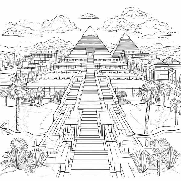Ancient egyptian step pyramid complex, egyptian architectural style — free printable egypt coloring book page