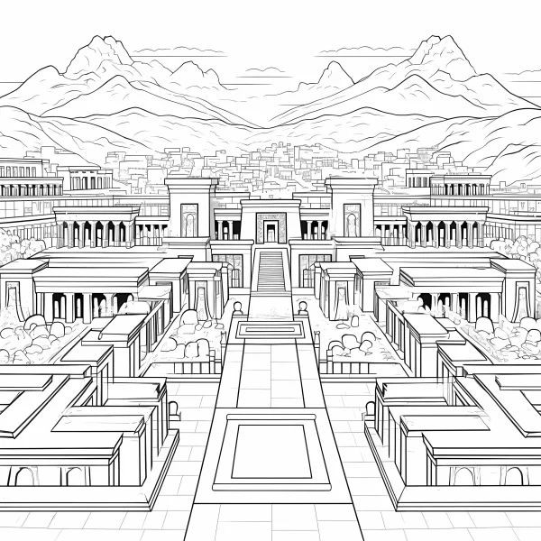 Ancient palace complex, realistic architectural style — free printable ancient architecture coloring book page