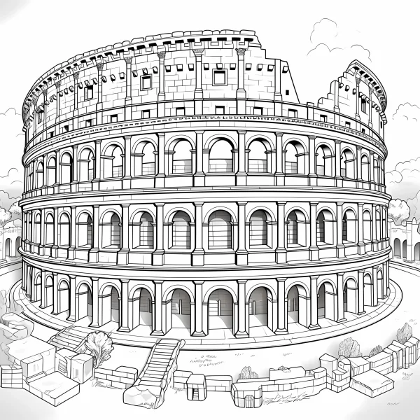 Roman colosseum, realistic sketch style — free printable historical sites coloring book page