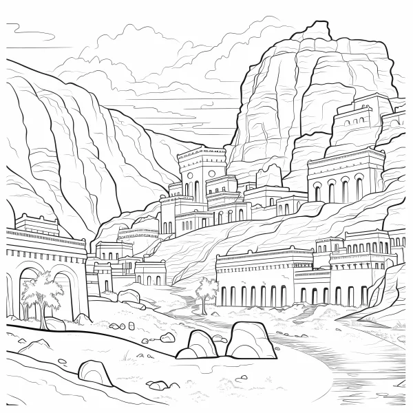 Ancient buildings on cliffside, realistic sketch style — free printable ancient architecture coloring book page