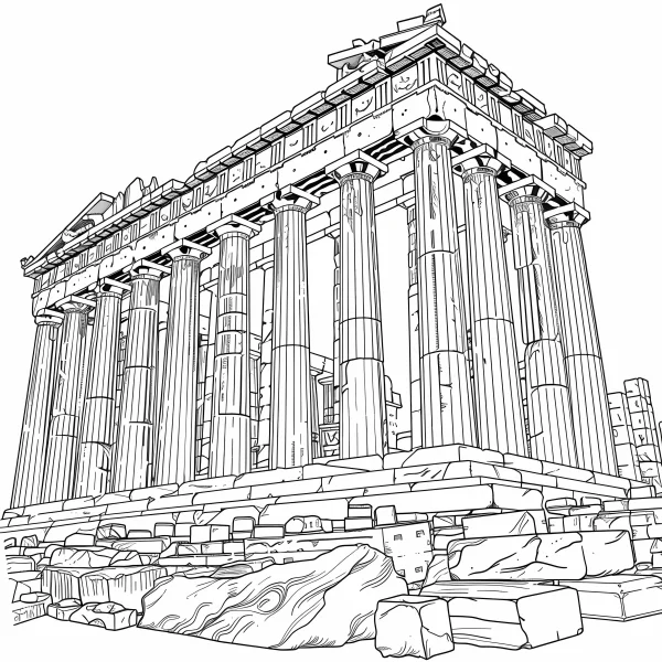 Parthenon ancient greek temple, realistic line art style — free printable historical culture coloring book page