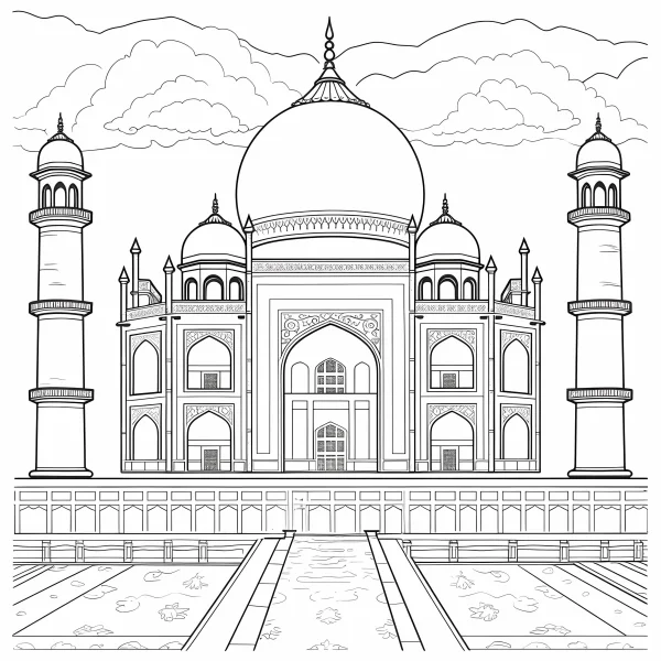 Taj mahal, realistic line art style — free printable india coloring book page