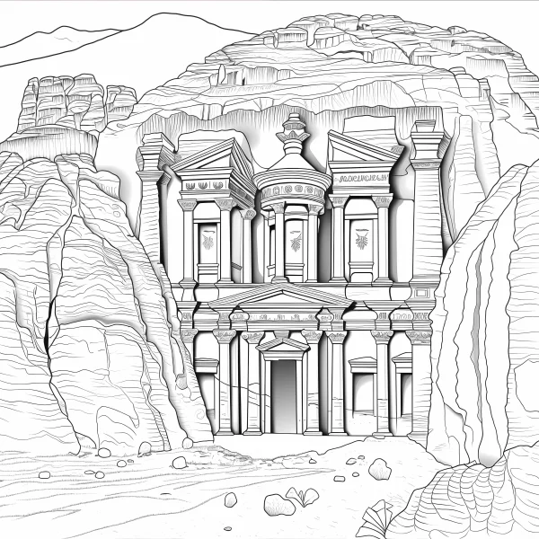 Ancient middle eastern rock-cut building (al-khazneh), realistic style — free printable middle east coloring book page