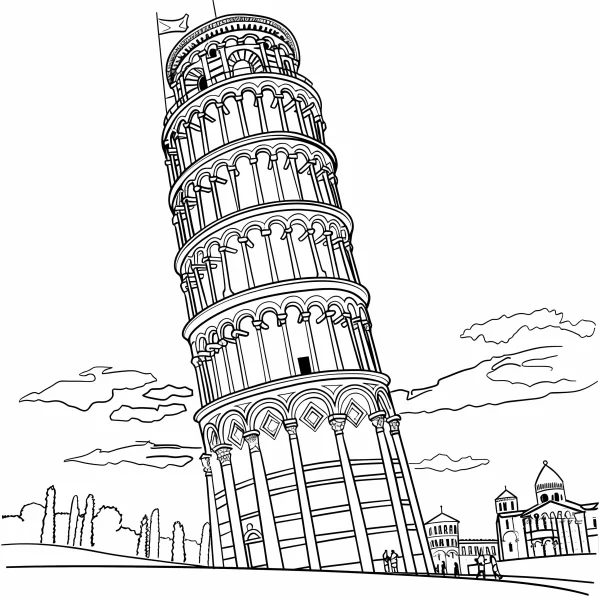 Leaning tower of pisa, realistic sketch style — free printable euro-american culture coloring book page