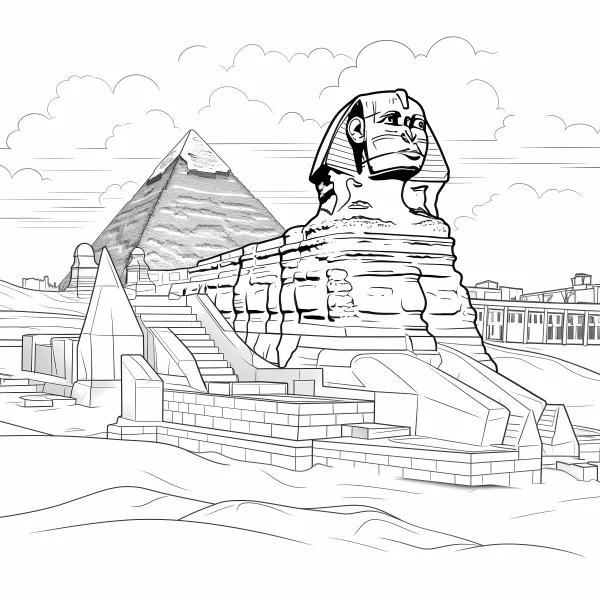 Sphinx and great pyramid in egypt, realistic line art style — free printable egypt coloring book page