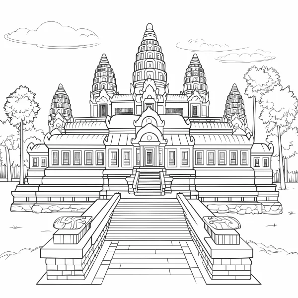 Angkor wat ancient temple, realistic architectural line art — free printable southeast asia coloring book page