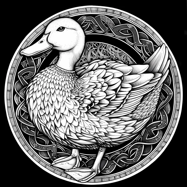 Duck surrounded by intricate celtic knot patterns, celtic cultural style — free printable celtic coloring book page