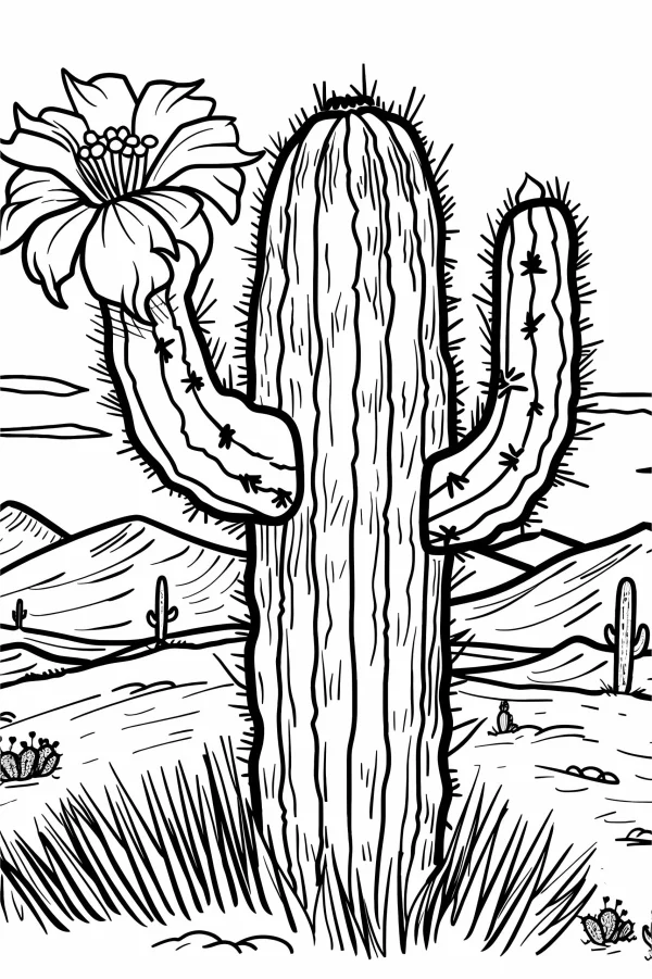 Blooming desert saguaro cactus, line art style — free printable desert coloring book page